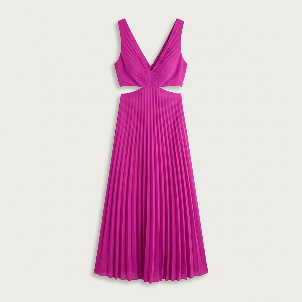 Robe longue plissée col V femme