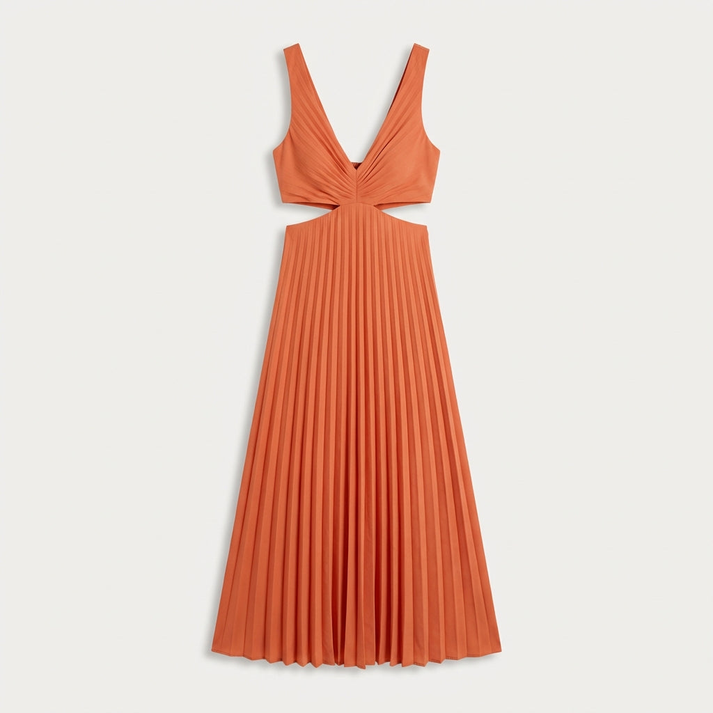 Robe longue plissée col V femme